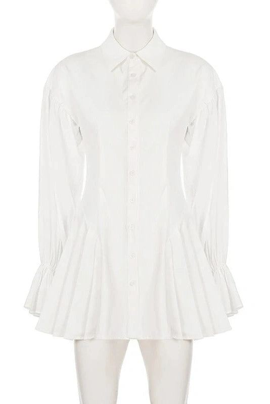 Glorol - Elegant Pleated Slim Button Long-Sleeve Mini Dress