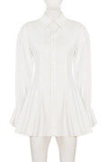 Glorol - Elegant Pleated Slim Button Long-Sleeve Mini Dress