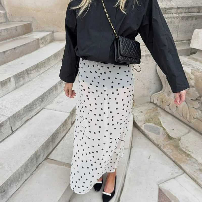 Glorol - High Waist Polka Dot See Through Printed Skirt