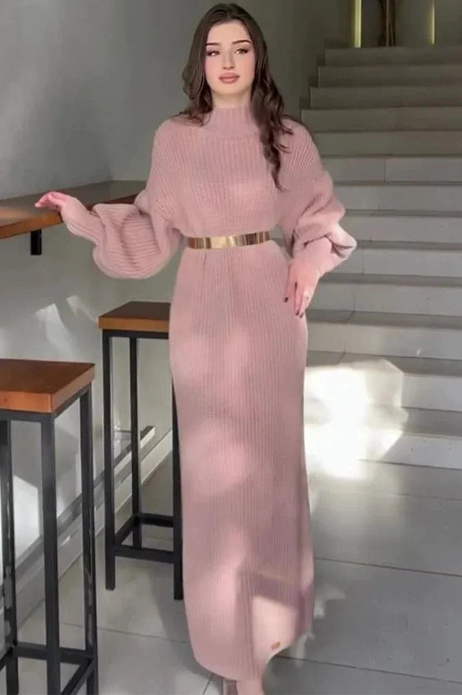 Glorol - Elegant Knitted Turtleneck Long Sleeve Maxi Dress