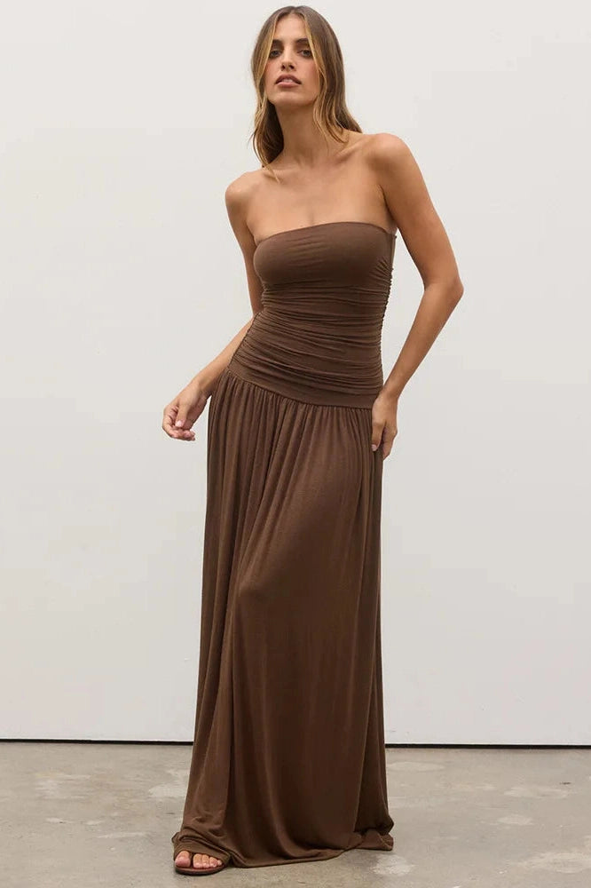 Glorol - Off-Shoulder Strapless Pleated Sleeveless High Waist Maxi Dress