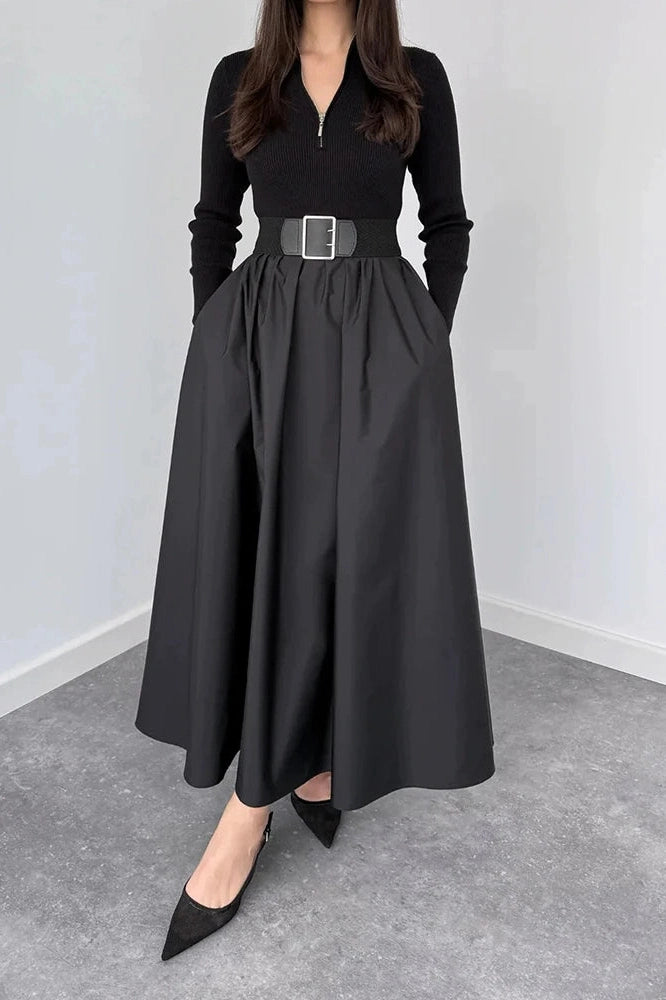 Glorol - Elegant Zipper Pleated Knitted High Waist Maxi Dress