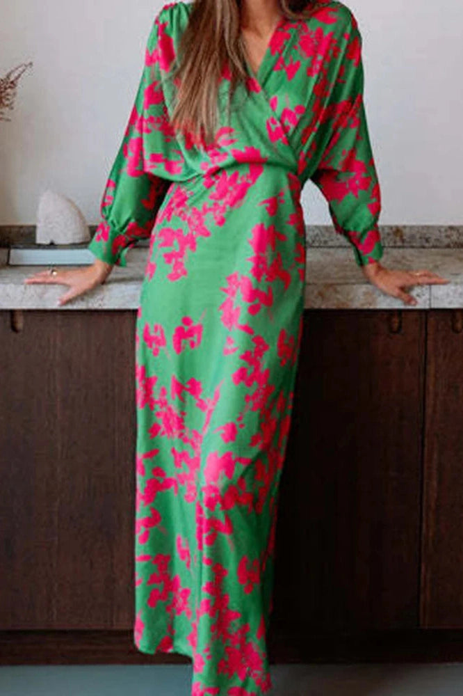 Glorol - Elegant Long Sleeve High Waist Printed V-Neck Maxi Dress
