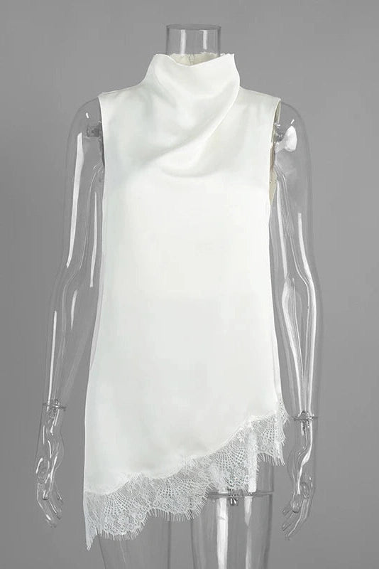 Glorol - Lace High-Neck Sleeveless Loose Irregular Top