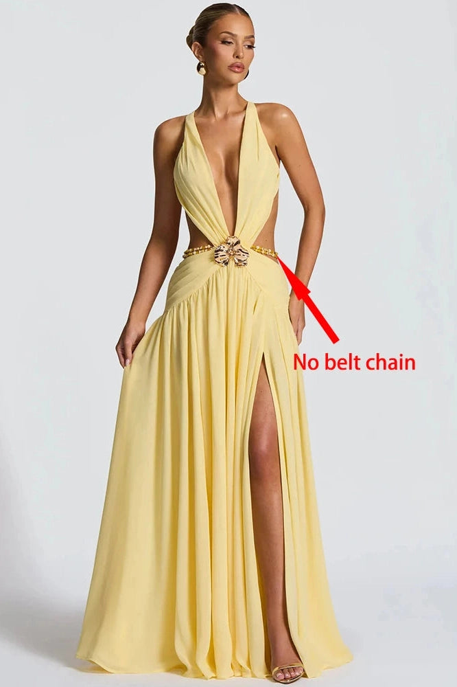 Glorol - Hollow Out Deep V Neck Sleeveless Backless High Split Maxi Dress