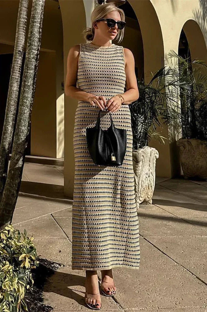 Striped See-Through Sleeveless High Waist Patchwork Maxi Dress