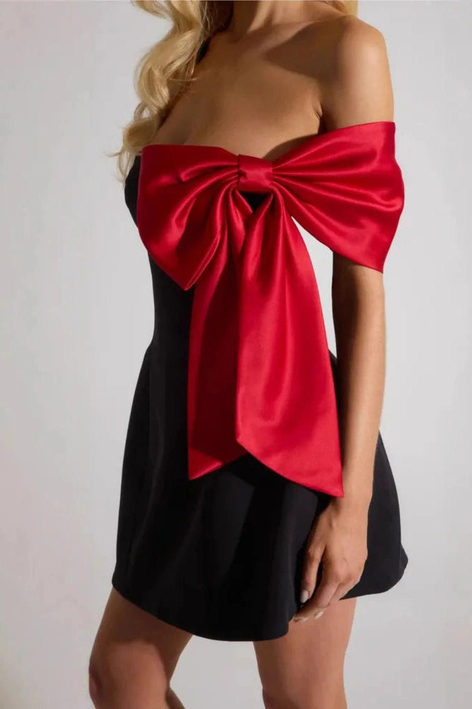 Glorol - Off-Shoulder Bow Sleeve Strapless Backless Mini Dress