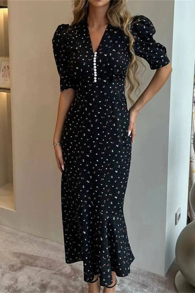 Glorol - Printed High Waist V-Neck Short Sleeve Slim Maxi Dress