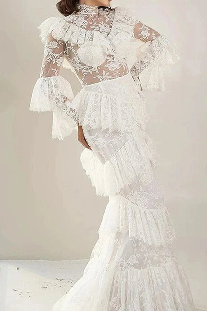 Glorol - Long Sleeve Lace Embroidery High Waist Maxi Dress