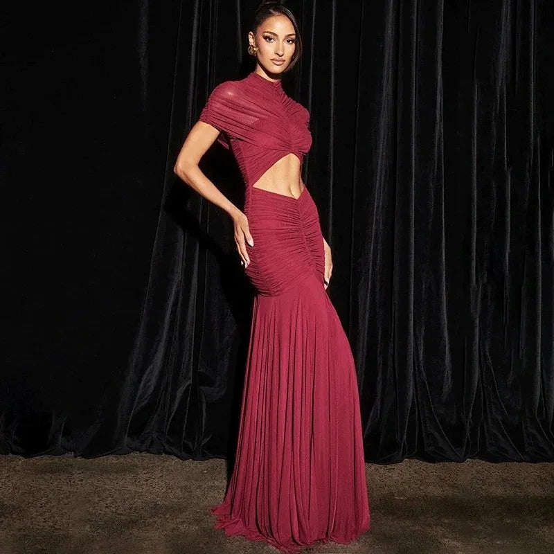 Glorol - Elegant Hollow Out Patchwork See Through Maxi Dress