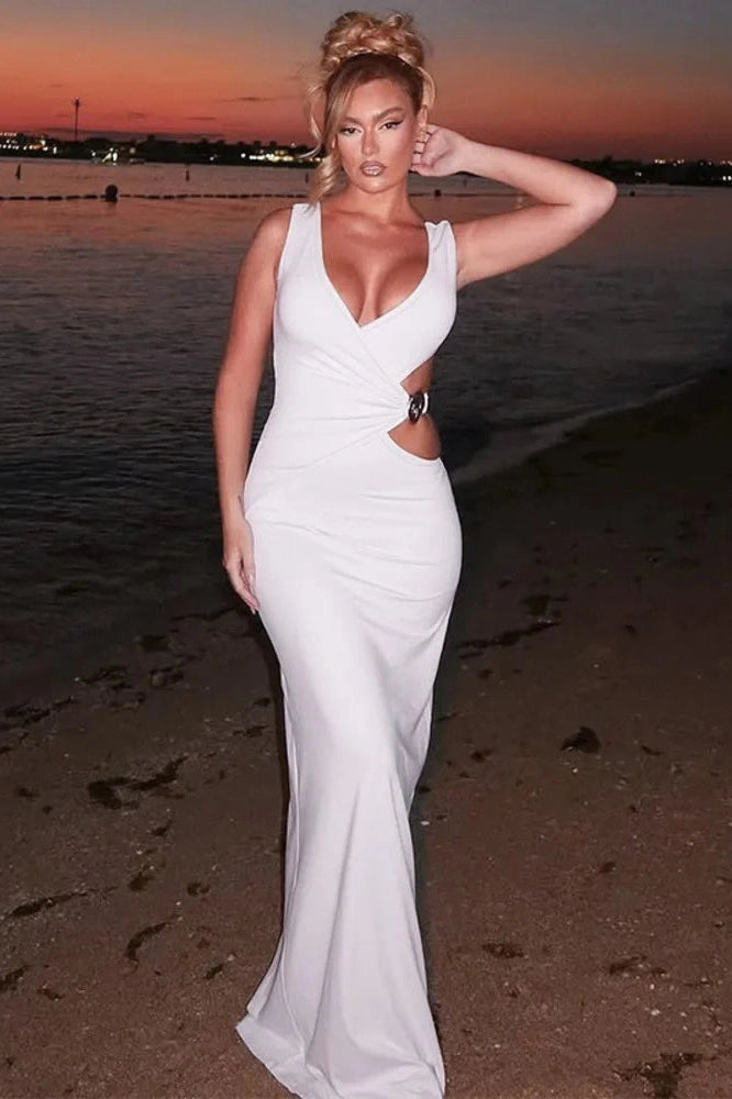 Glorol - Hollow Out Backless V Neck Sleeveless Bodycon Maxi Dress