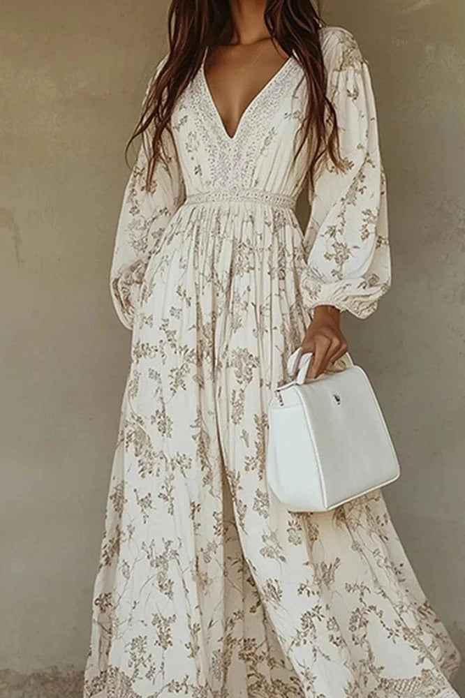 Glorol - Elegant Long Sleeve Lace V-Neck Printed Maxi Dress