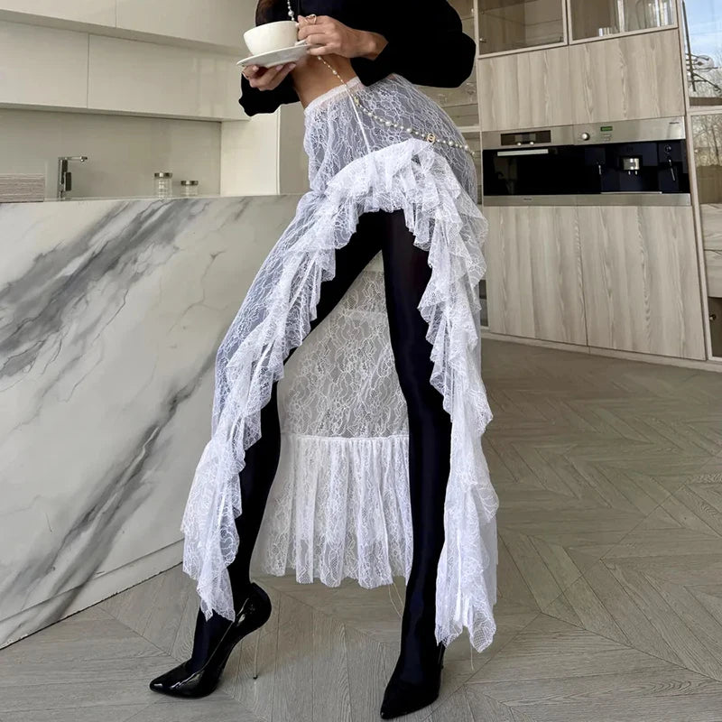 Glorol - High Waist See-Through Lace A-Line Skirt