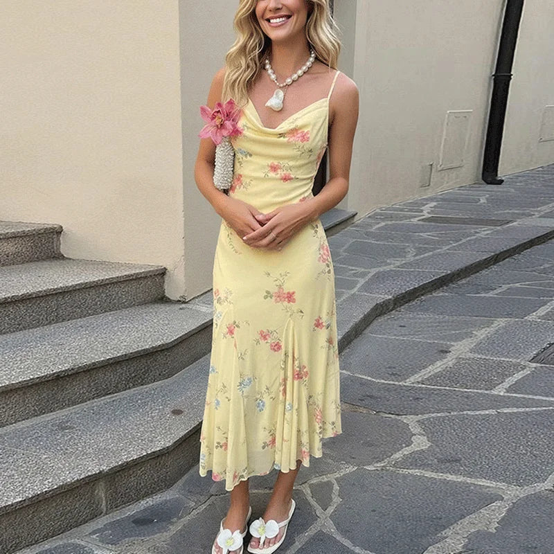Glorol - Printed Backless Patchwork See-Through Midi Dress