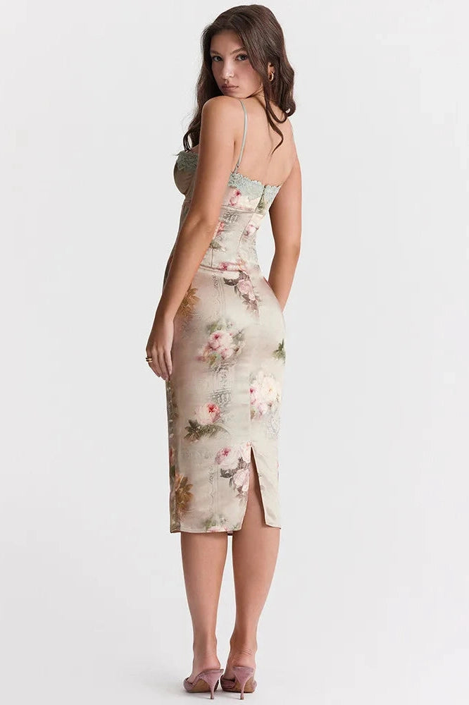 Glorol - Spaghetti Strap Lace Print Strapless Backless Midi Dress