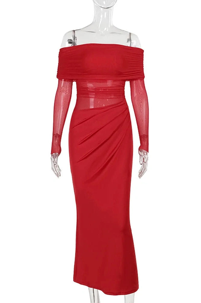 Glorol - See-Through Patchwork Off-Shoulder Long Sleeve Maxi Dress