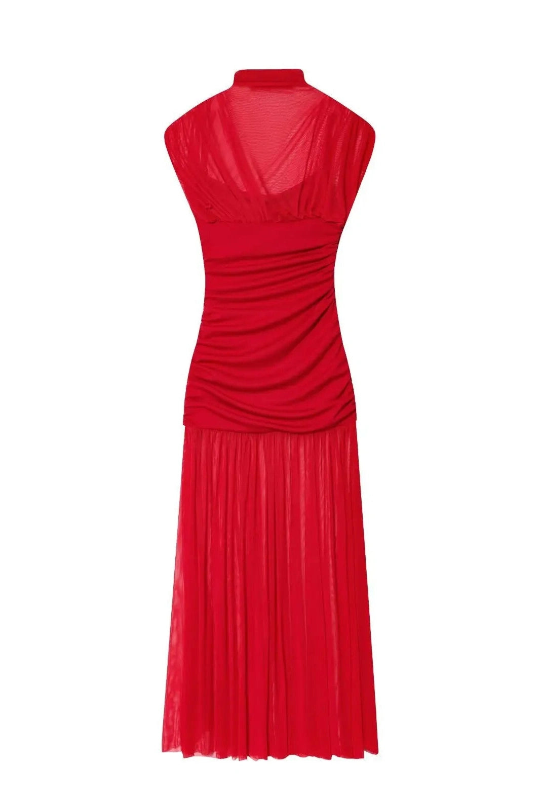 Glorol - Elegant Pleated Slim Sleeveless Turtleneck Maxi Dress