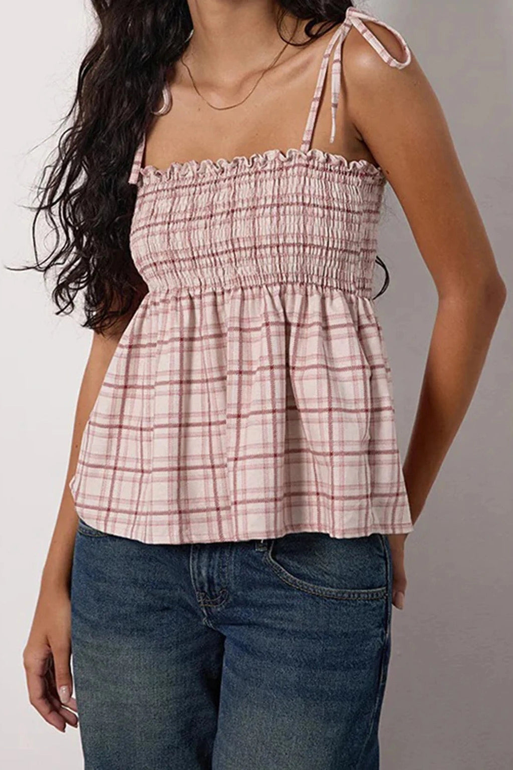 Glorol - Sleeveless Backless Tie-Up Plaid Top