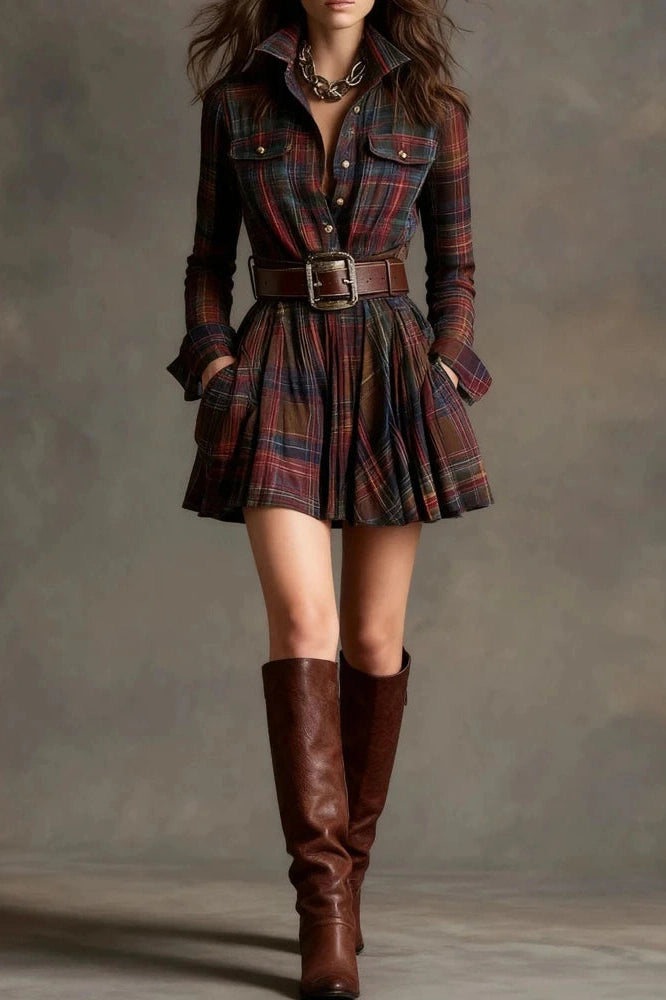 Glorol - Long Sleeve Pleated High Waist Slim Stripe Printed Mini Dress