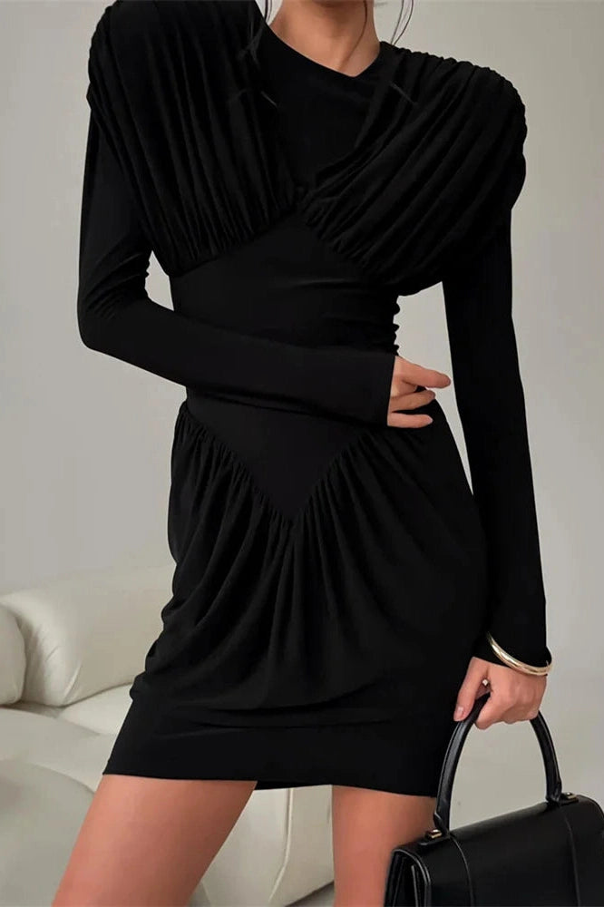 Glorol - Pleated Patchwork Long Sleeve Bodycon Mini Dress