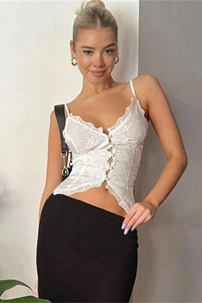 Glorol - See-Through Lace V-Neck Backless Patchwork Top