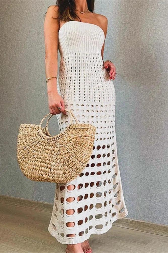 Glorol - Hollow Out Strapless Off-Shoulder Knit Sleeveless Backless Maxi Dress