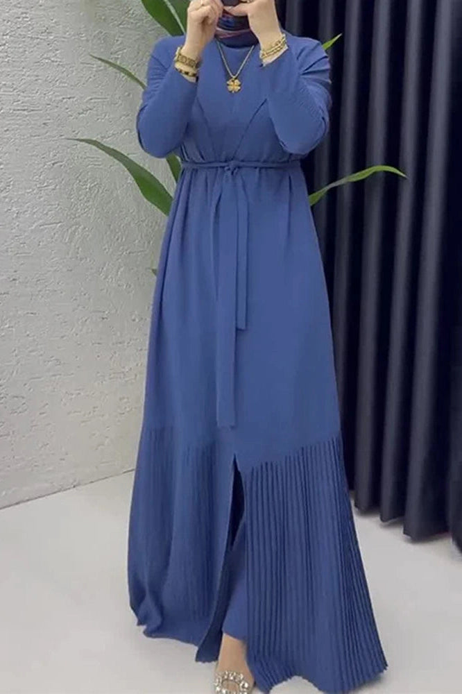 Glorol - Elegant O-Neck Long Sleeve High Waist Pleated Maxi Dress