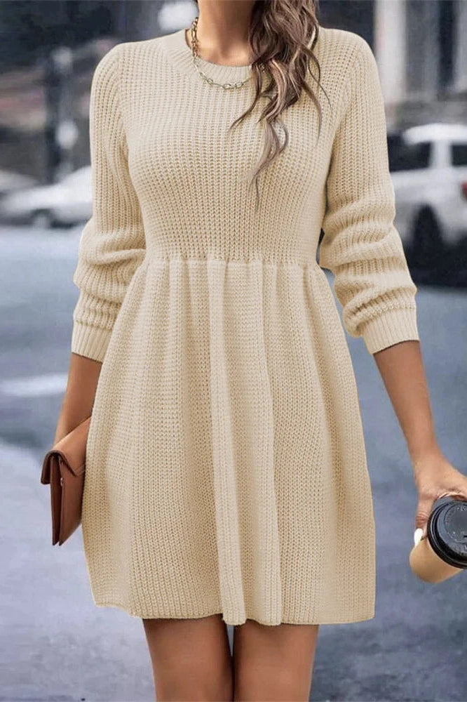 Glorol - Hollow Out Pleated Slim Long Sleeve High Waist Mini Dress