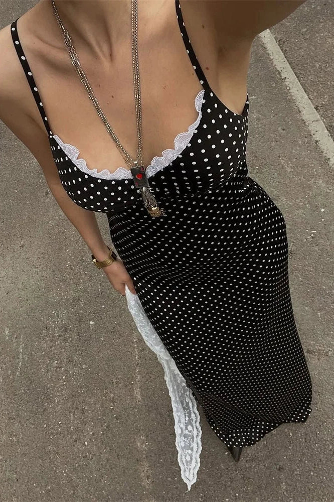 Lace Patchwork Printed Slim V-Neck Backless Maxi Dress
