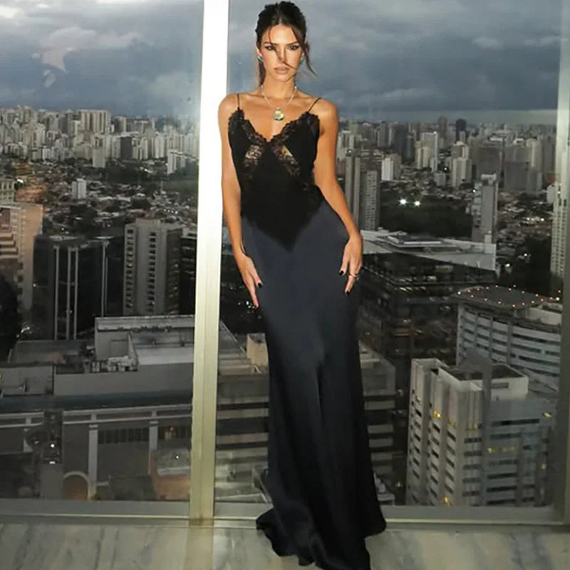 Glorol - Elegant Backless Hollow Out See Through Patchwork Maxi Dress