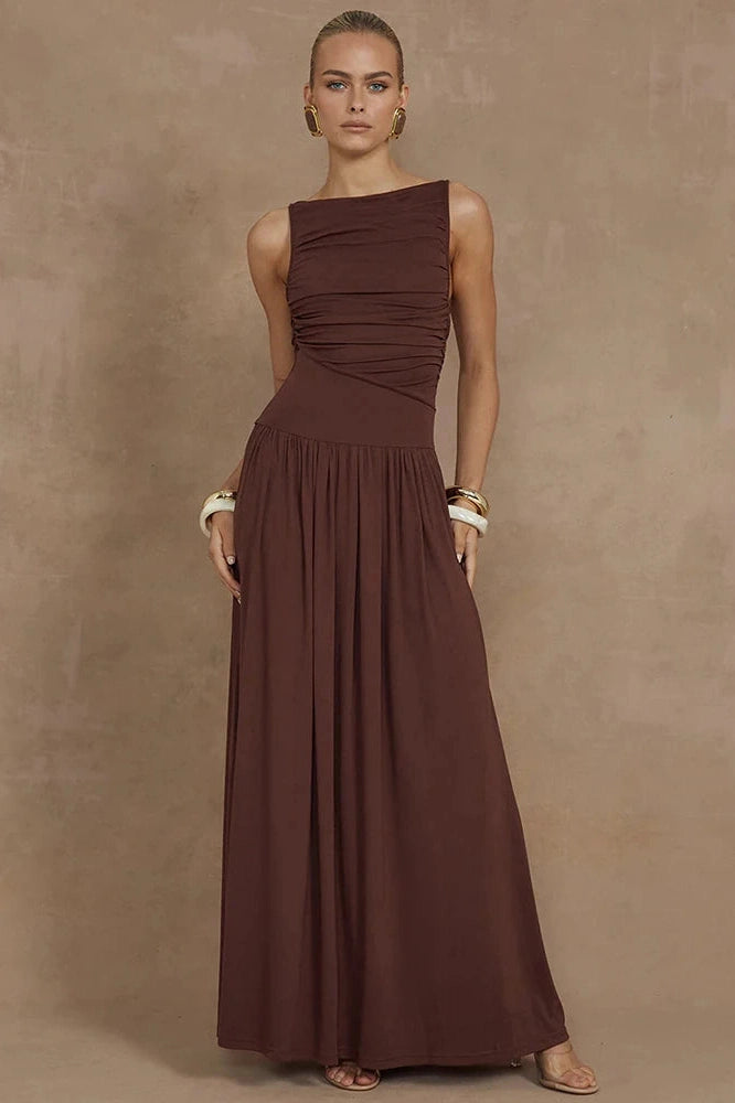Glorol - Elegant Sleeveless Boat Neck Maxi Dress