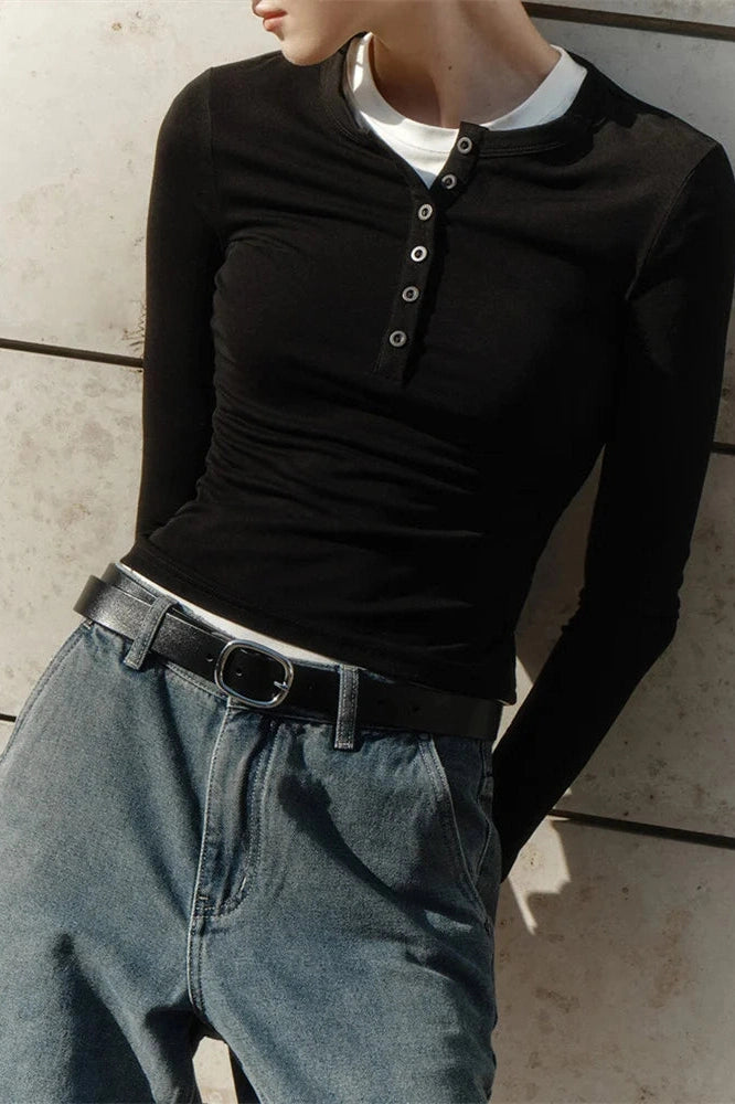 Glorol - Patchwork Long Sleeve High Waist Slim Top