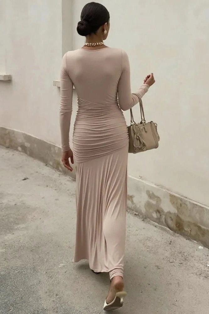 Glorol - Long Sleeve O Neck High Waist Bodycon Maxi Dress