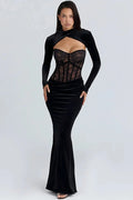 Glorol - Long Sleeve Backless Lace Printed Bodycon Maxi Dress