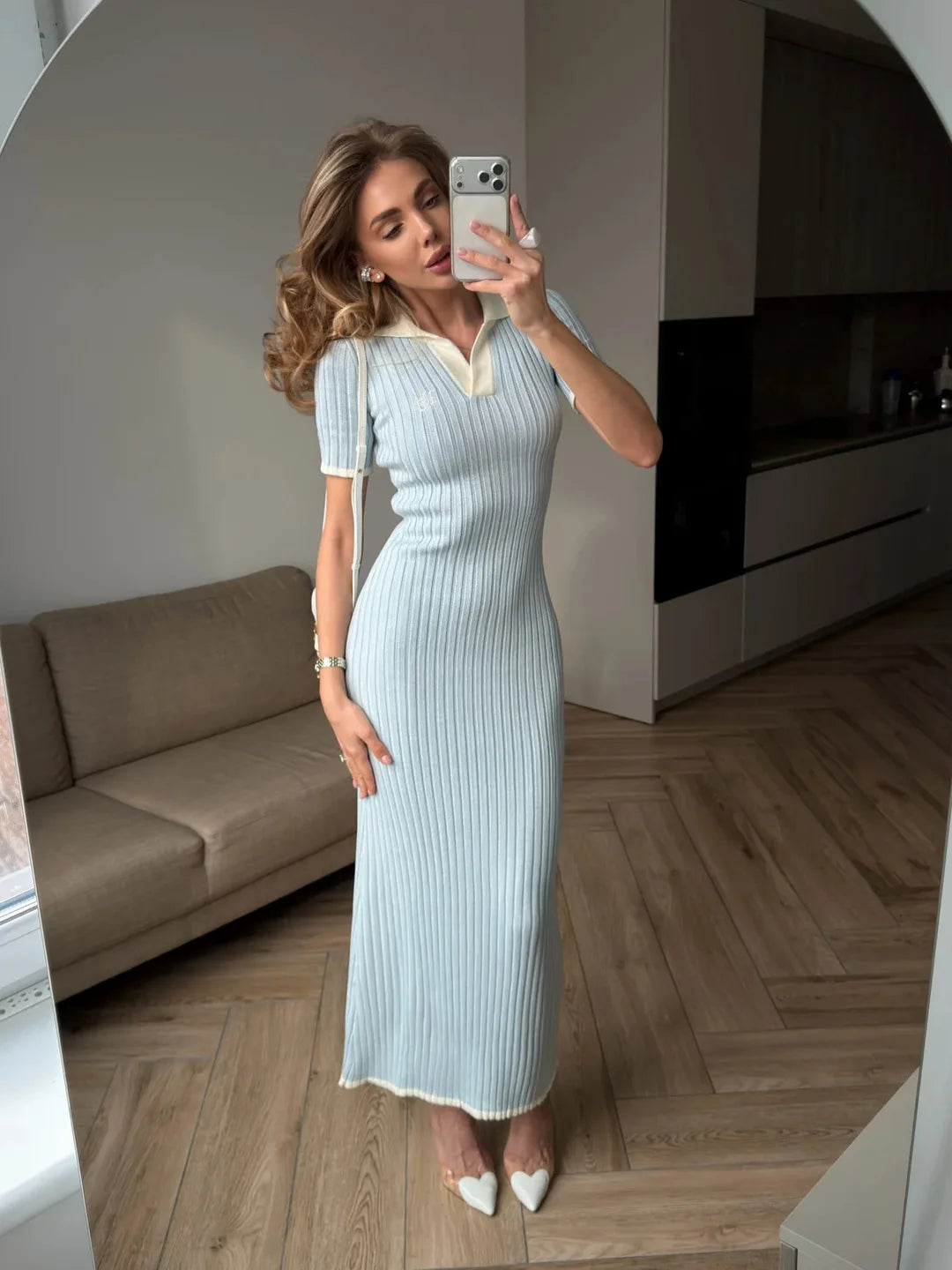 Glorol - Knitted Short Sleeve High Waist Maxi Dress