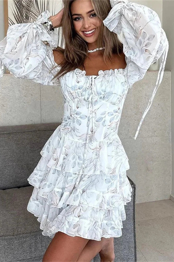 Glorol - Printed Lace-Up Square Collar Patchwork Mini Dress