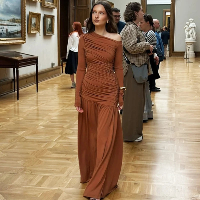 Glorol - Off Shoulder Patchwork Pleated Long Sleeve Maxi Dress