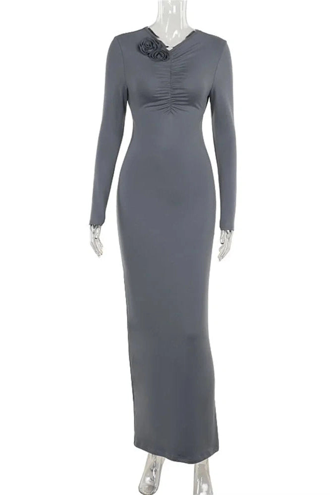 Glorol - Patchwork Long Sleeve Backless Slim Maxi Dress