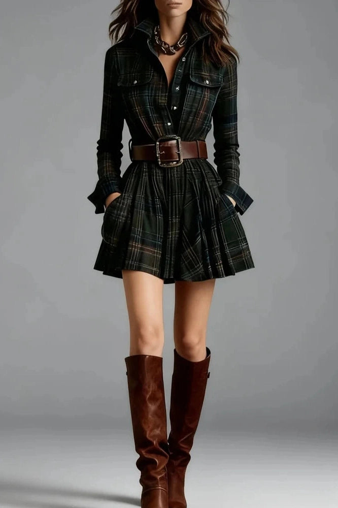 Glorol - Long Sleeve Pleated High Waist Slim Stripe Printed Mini Dress