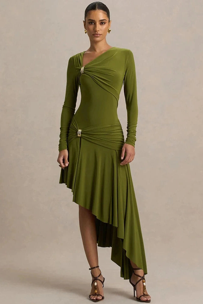 Glorol - Long Sleeve Split Irregular Maxi Dress