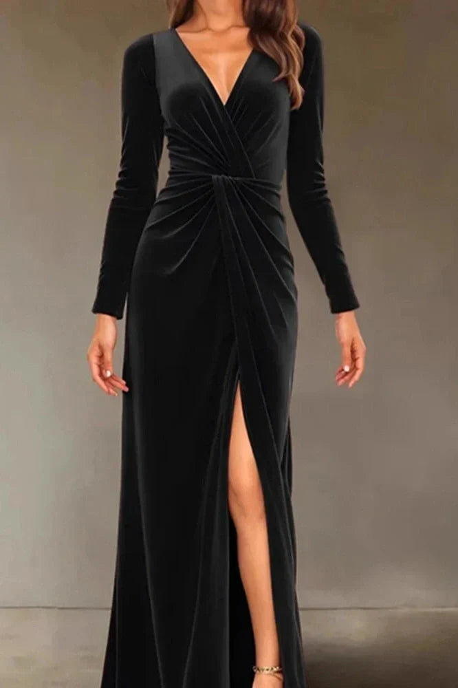 V-Neck Slim High Waist Pleated A-Line Maxi Dress