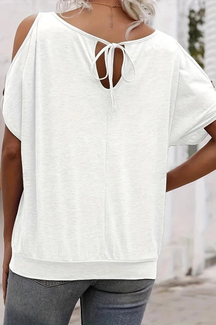 Glorol - Hollow Shoulder Round Neck Loose Slim Top