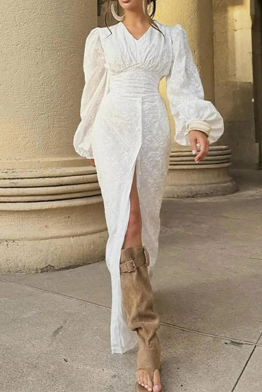 Glorol - Elegant Hollow Out V-Neck High Waist Lantern Sleeve Maxi Dress