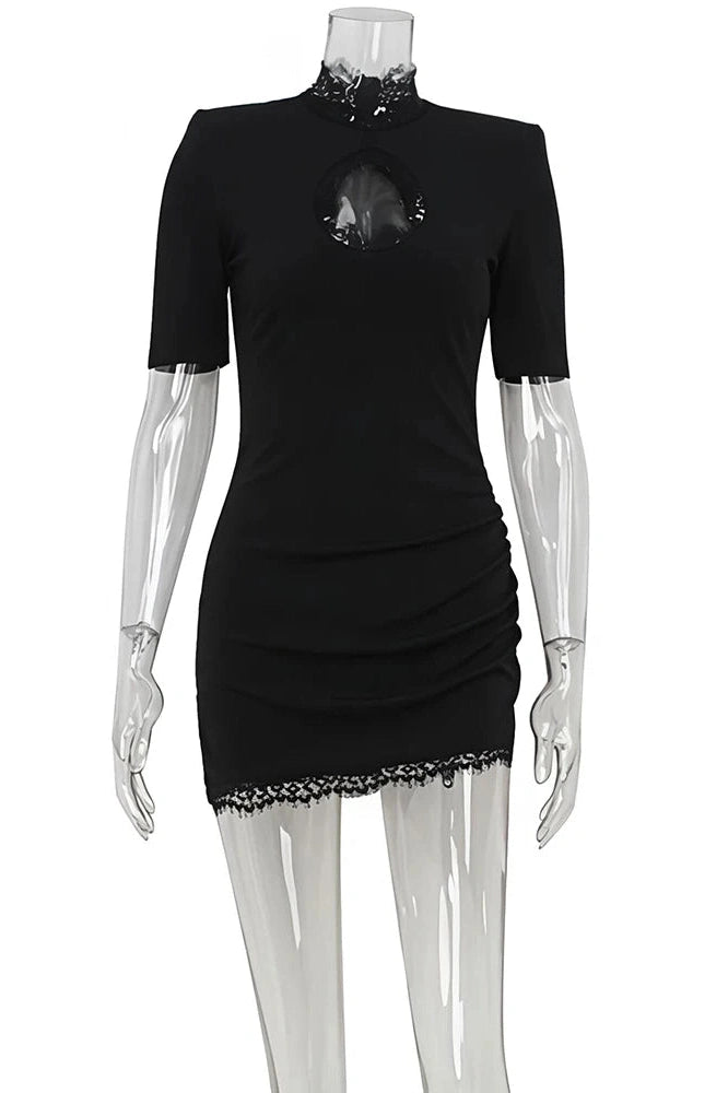 Glorol - Hollow Out Lace Turtleneck Short Sleeve Mini Dress