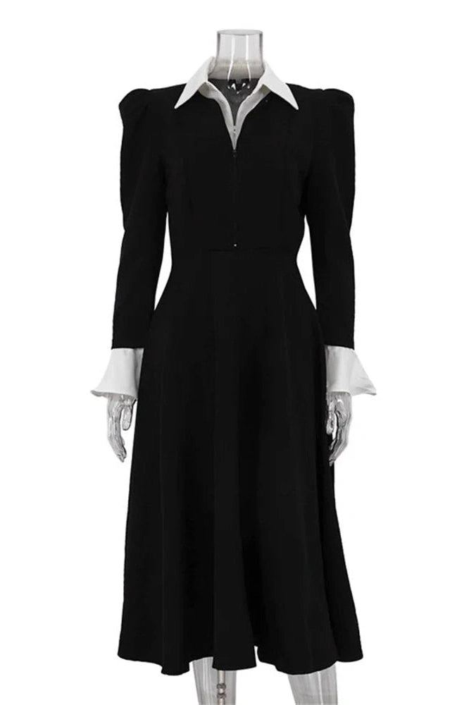 Glorol - Patchwork Zipper High Waist Long Sleeve Midi Dress