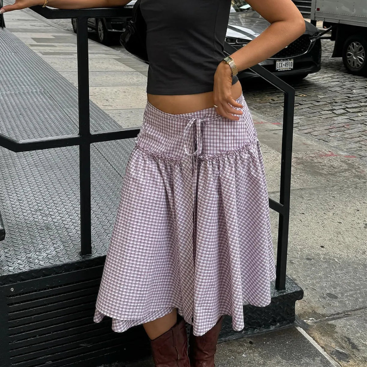 Glorol - Low Rise Plaid Lace Up A-line Skirt