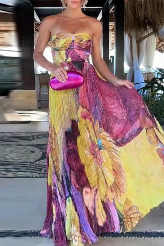 Glorol - Elegant Strapless Printed Sleeveless Off Shoulder High Waist Maxi Dress