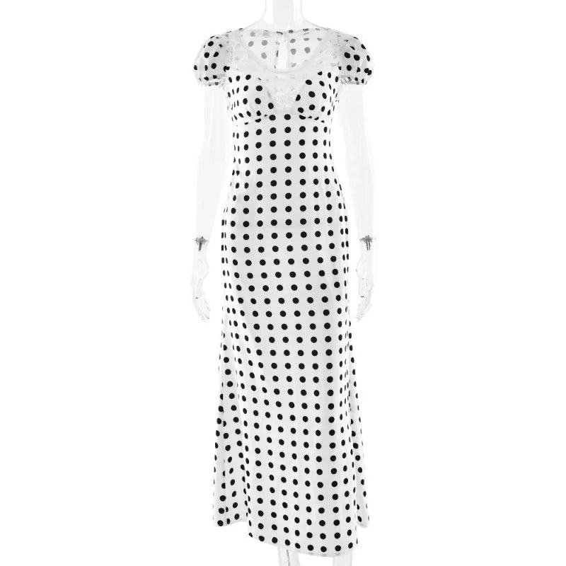 Glorol - Elegant Polka Dot Patchwork Hollow Out Maxi Dress