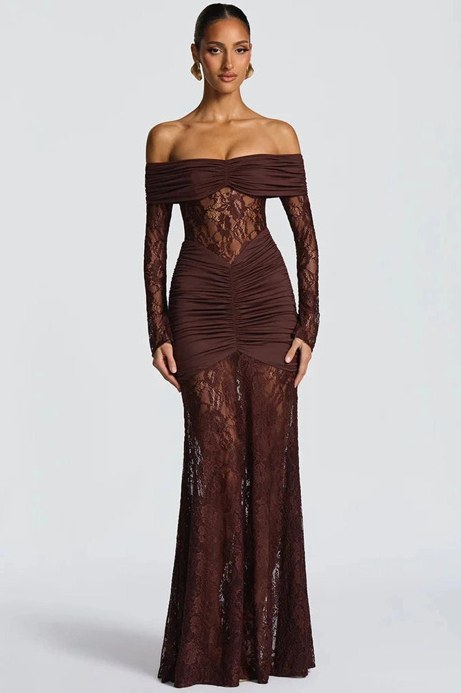Glorol - Off-Shoulder Long Sleeve Lace See Through Strapless Bodycon Maxi Dress