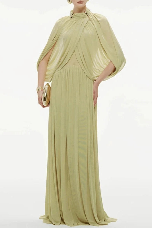 Glorol - Hollow Out Shawl Sleeve Slim High Waist Maxi Dress